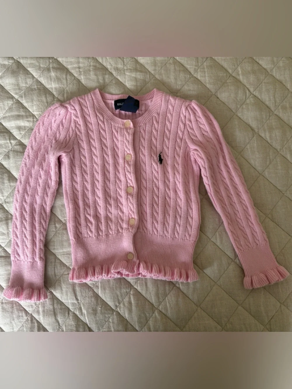 Ralph Lauren Pink Cable-Knit Ruffle Hem Cardigan